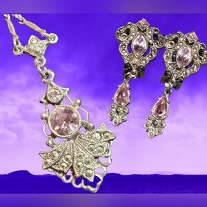 Vintage 1928 Lavender and Silver Necklace and Clip Earrings